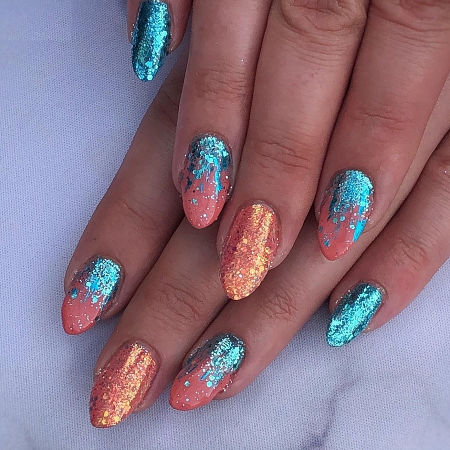 coral and turquoise nail design