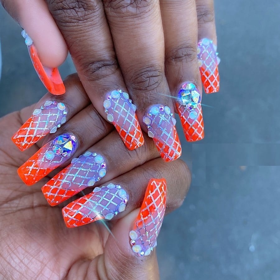 fishnet nails with rhinestones