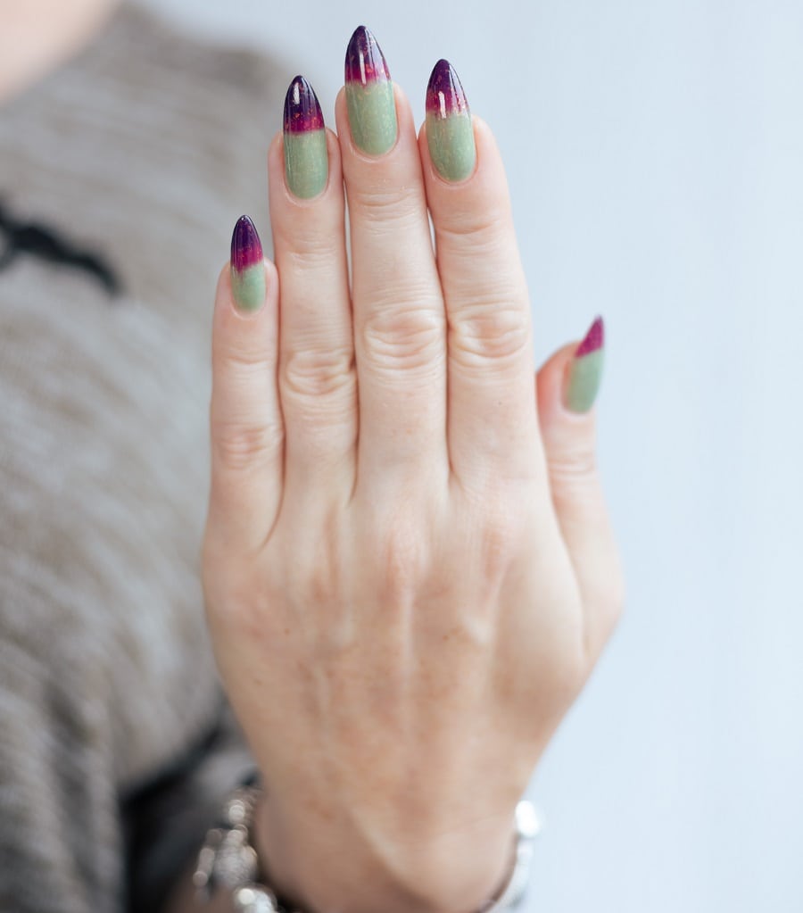 green and purple stiletto nails