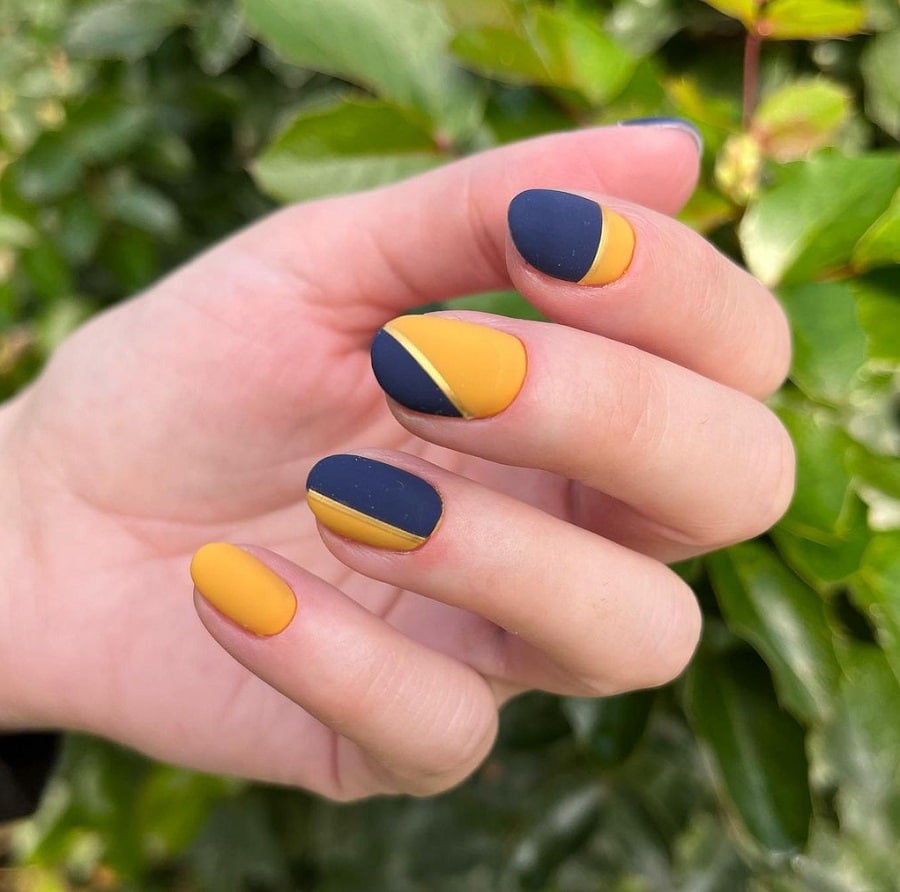 mustard and blue matte nails