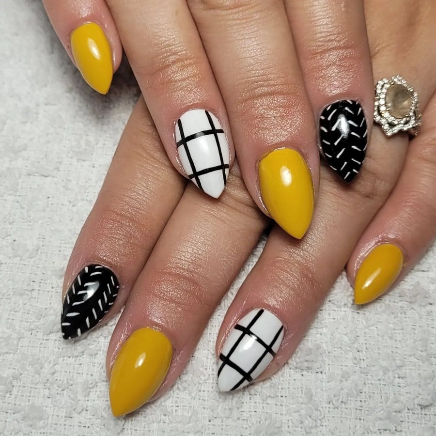 mustard color nails with design