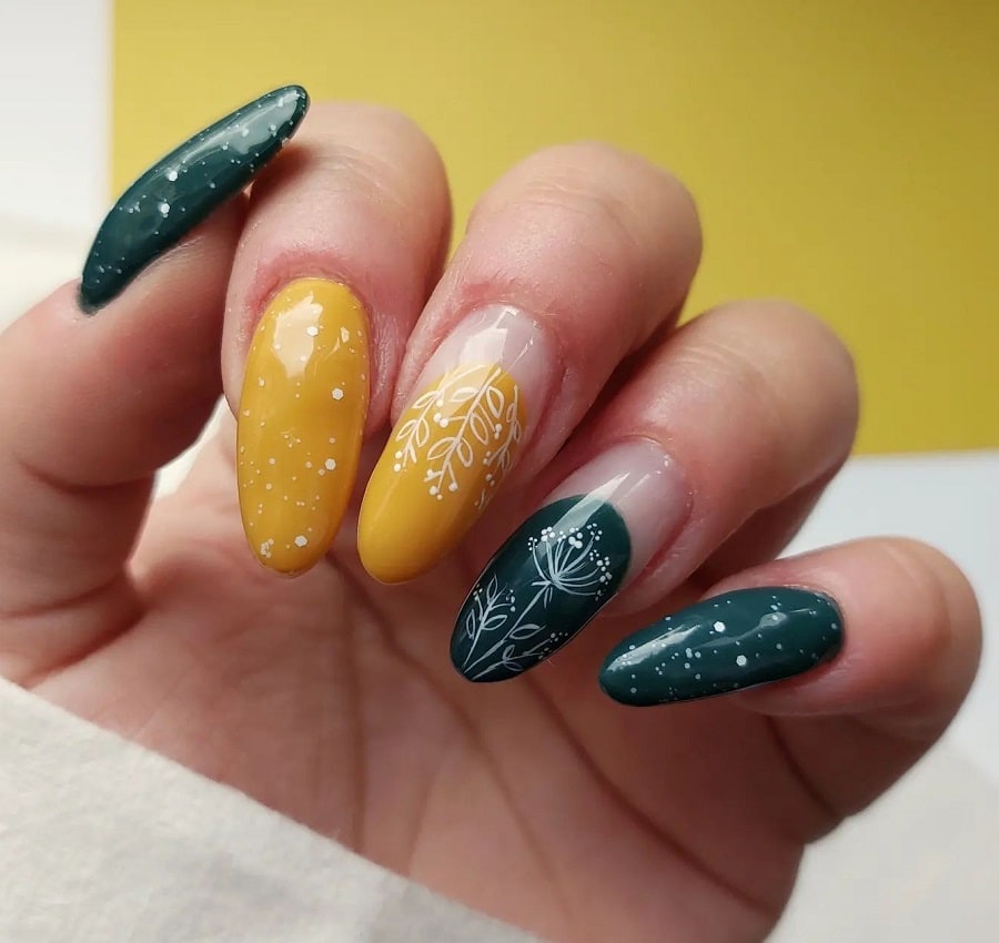 mustard yellow and dark green nails
