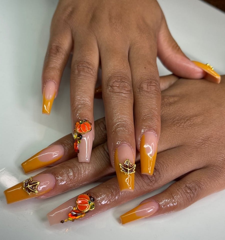 mustard yellow square nails with leaf design