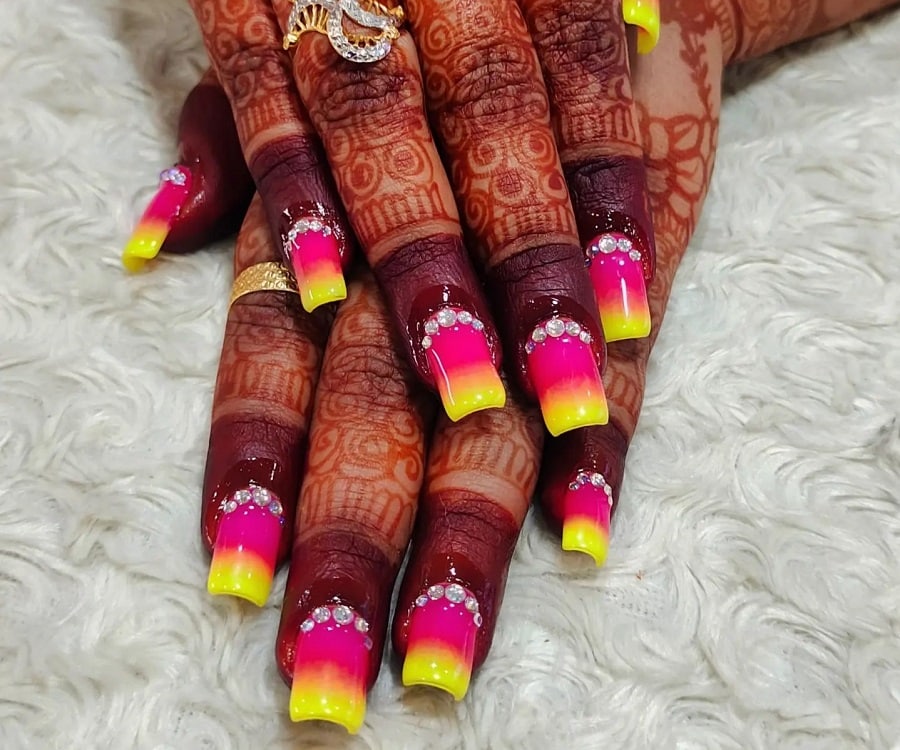neon ombre nails with diamonds