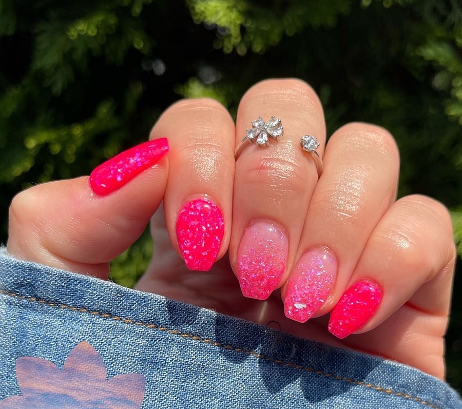 neon ombre nails with glitter