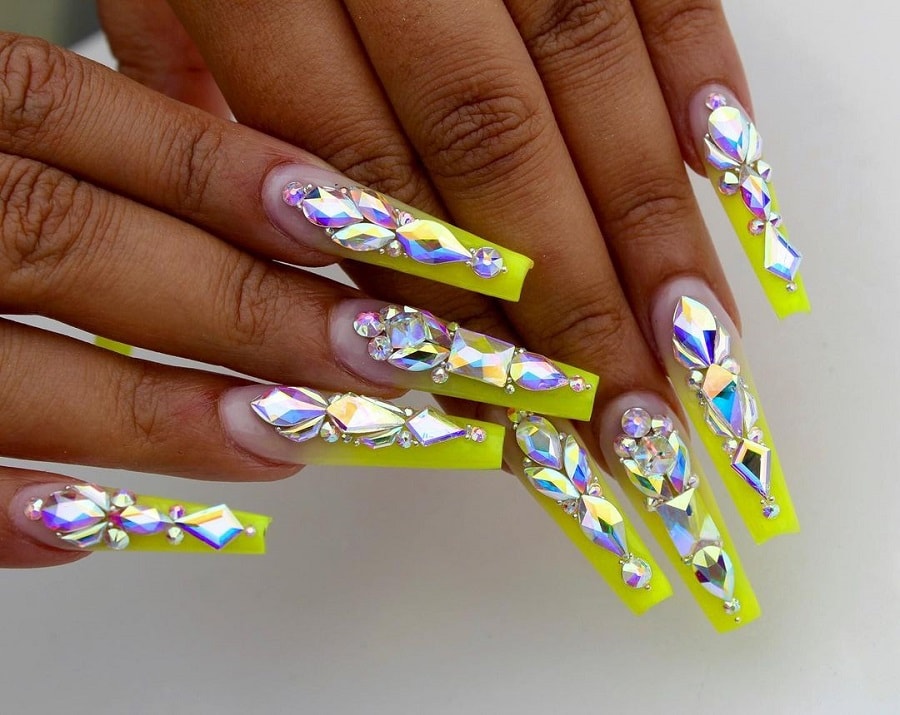 neon ombre nails with rhinestones