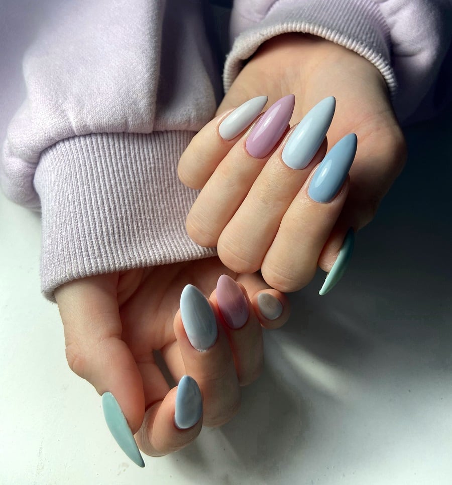 pastel purple and blue stiletto nails
