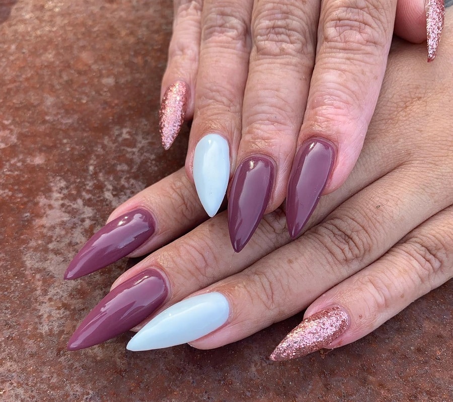 purple and white stiletto nails