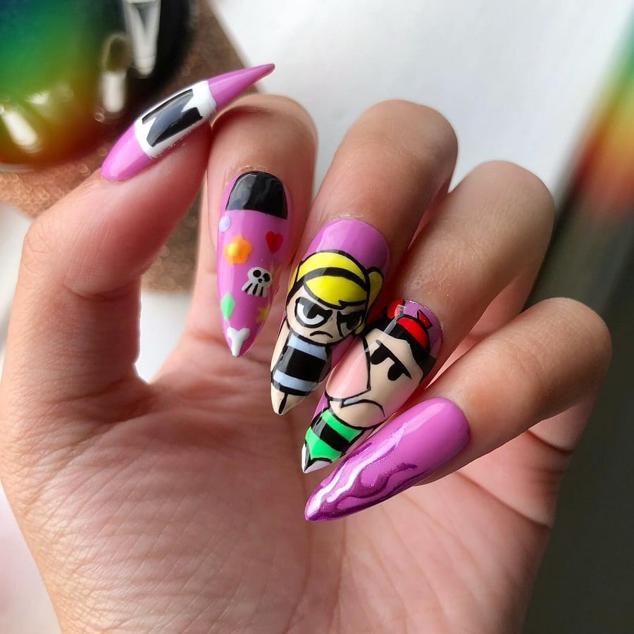purple cartoon stiletto nails