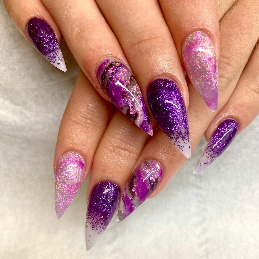 purple stiletto glitter nails