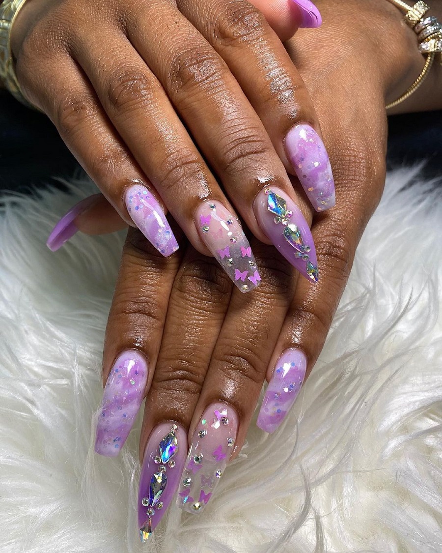 purple stiletto nails with rhinestone