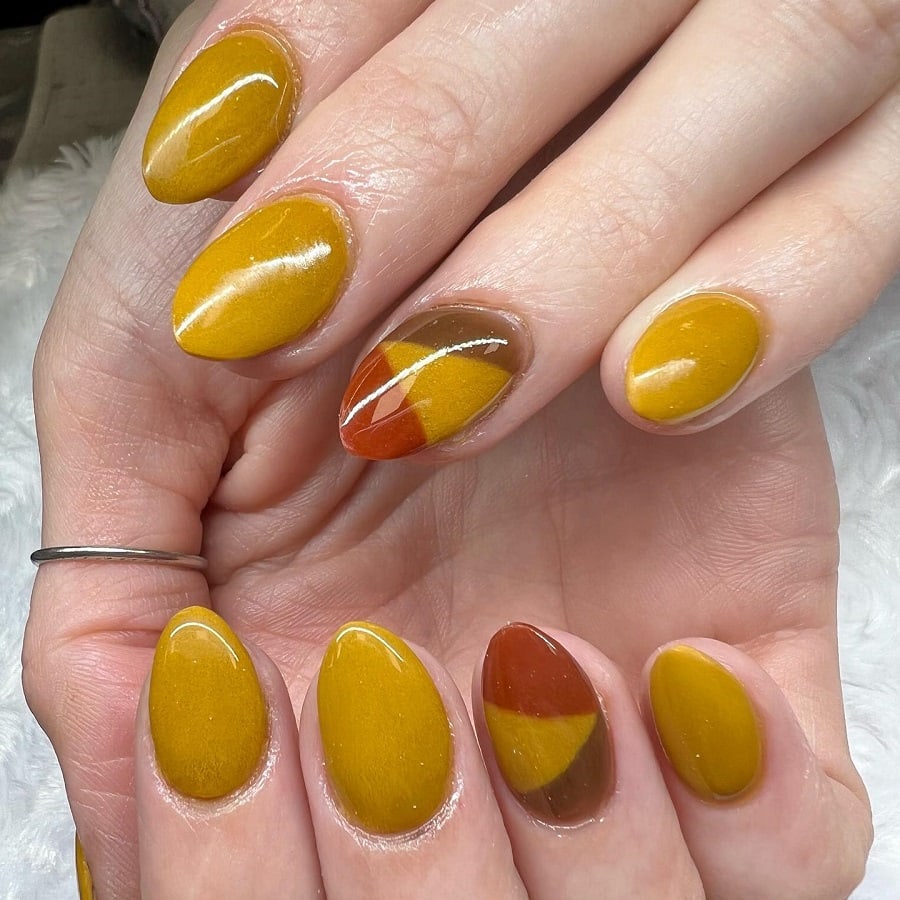 short mustard yellow almond nails