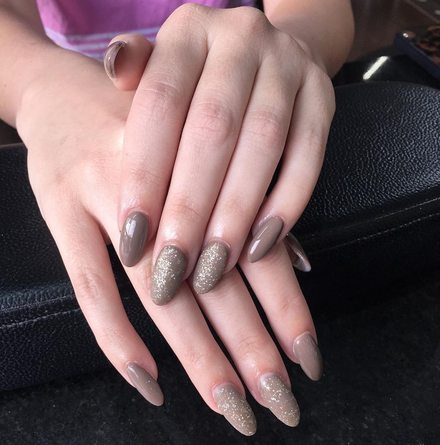 taupe color nails with glitter