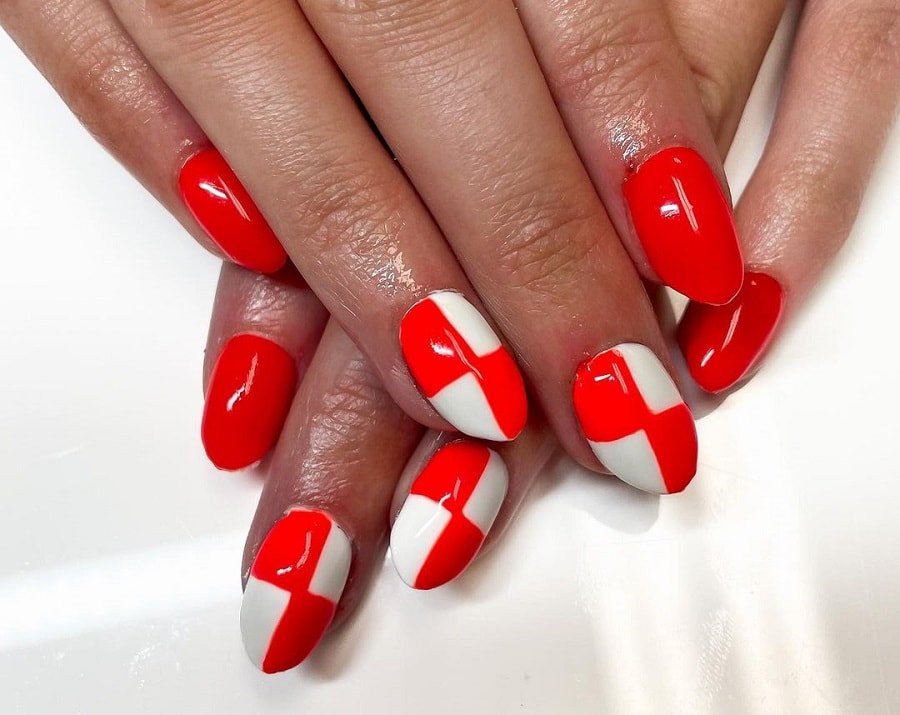 bright red checkered nails on dark skin