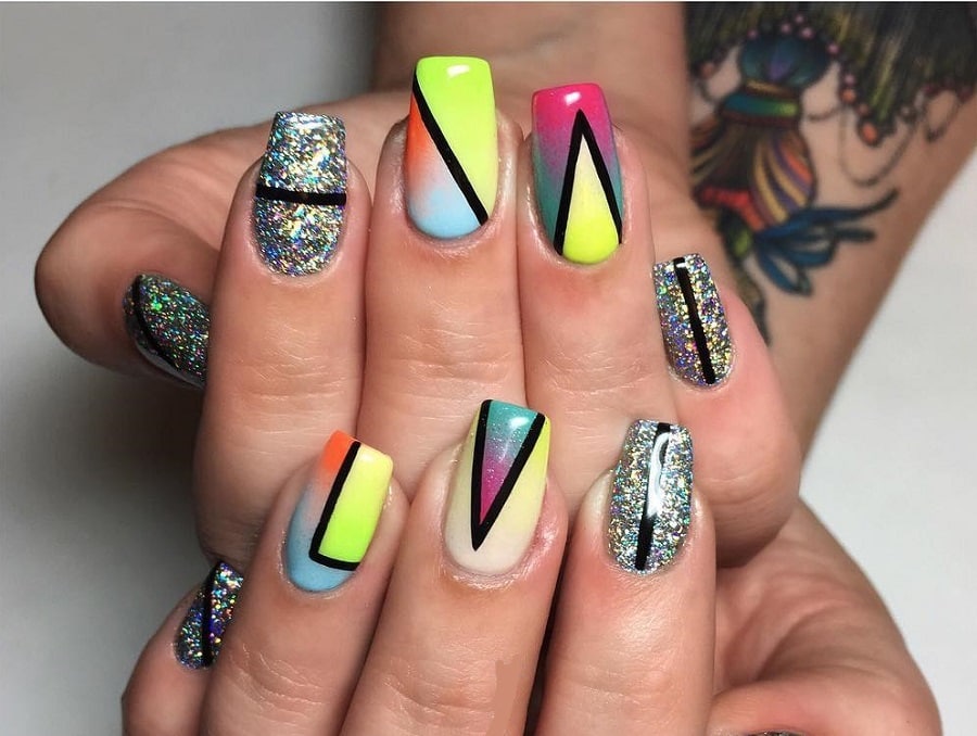color block nails with glitter