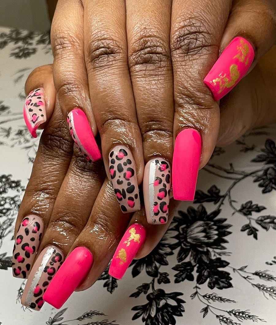 hot pink coffin nails on dark skin