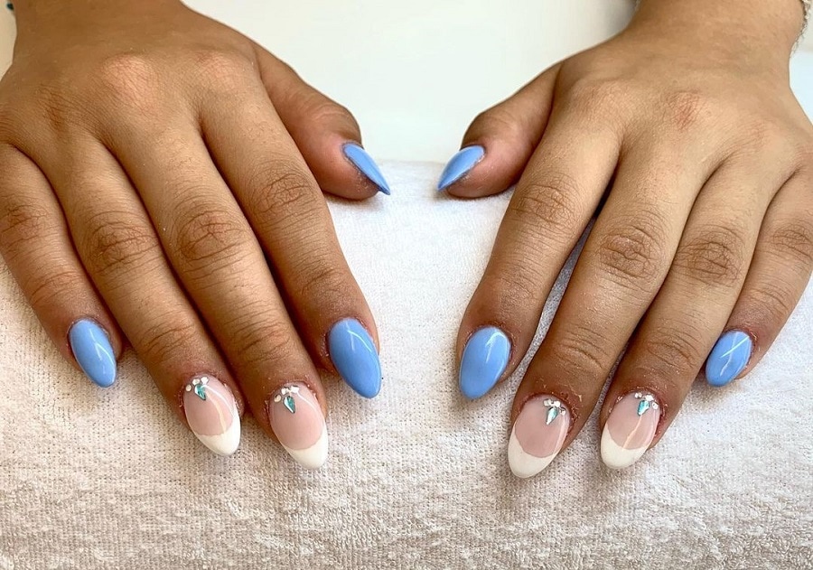 light blue almond nails on dark skin