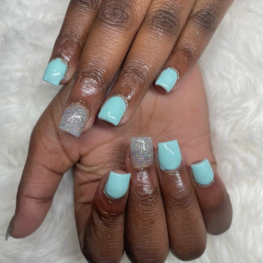 light blue square nails on dark skin