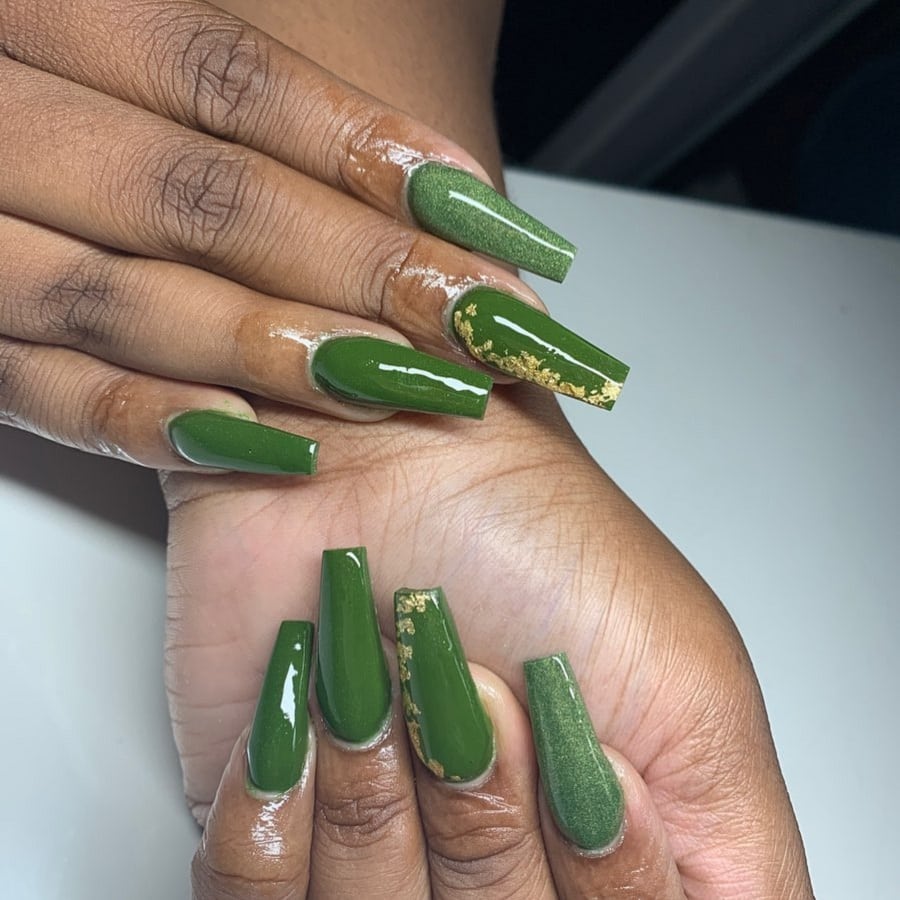 long green coffin nails on dark skin