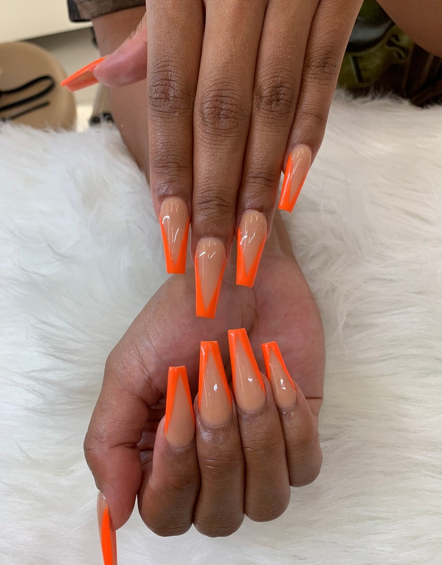 orange french coffin nails on dark skin