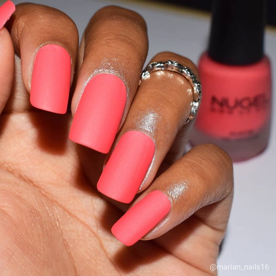 peach color matte nails on dark skin