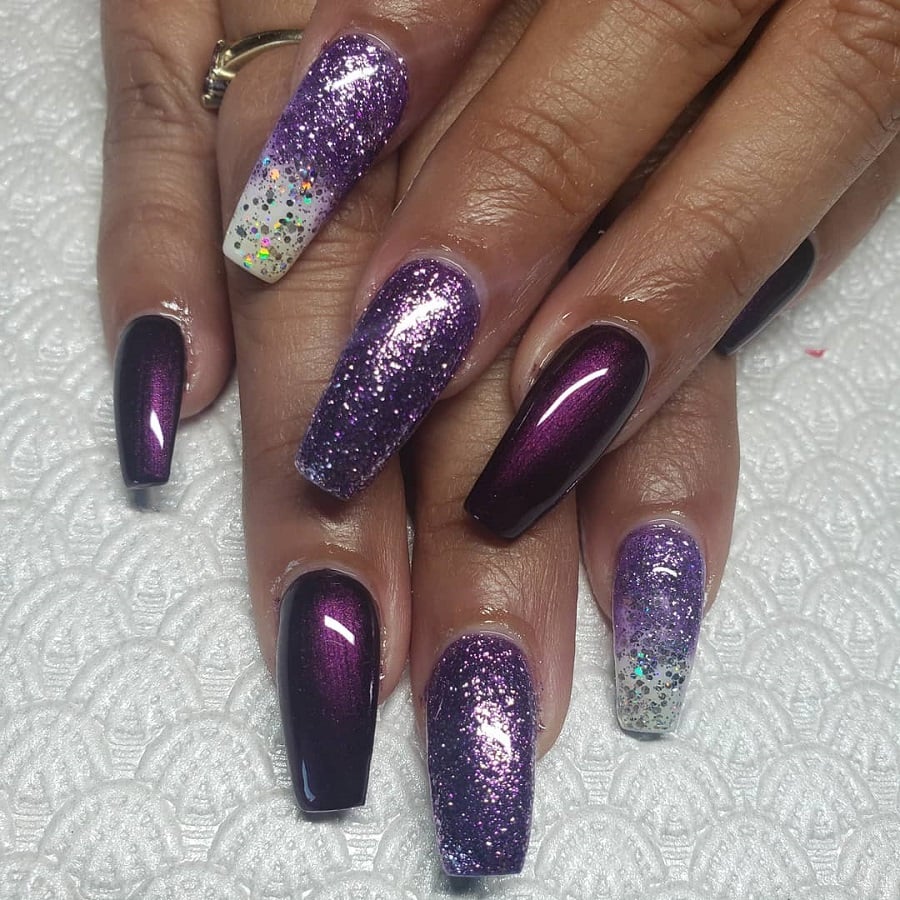 purple coffin nails on dark skin