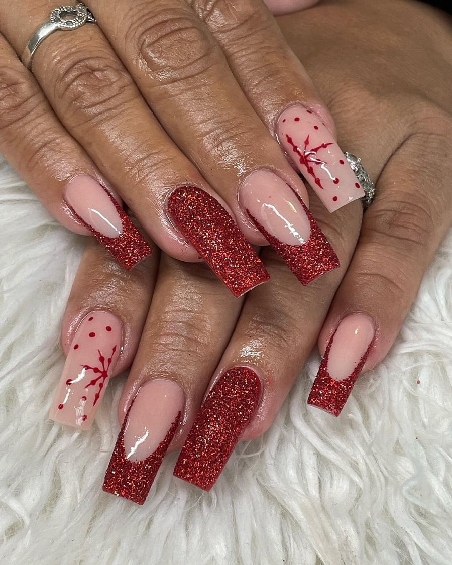 red glitter nails on dark skin