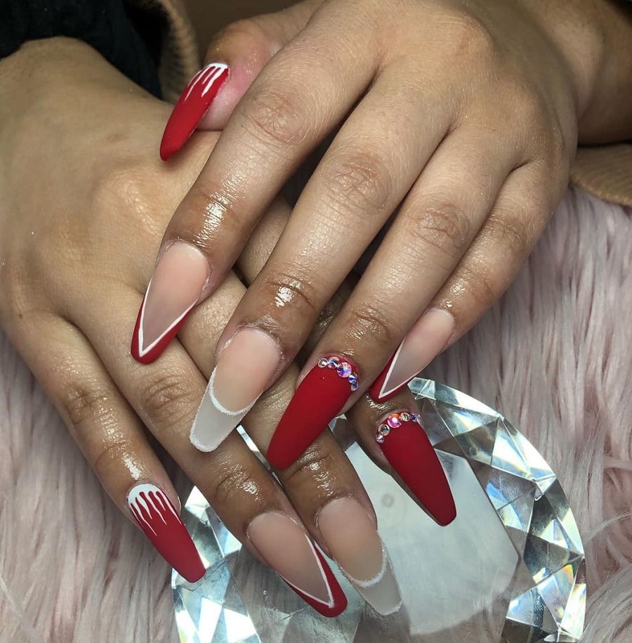 red matte acrylic nails on dark skin