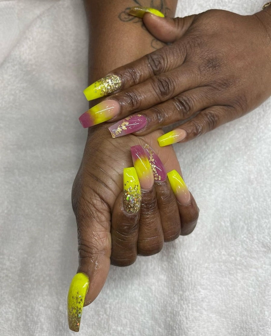 yellow coffin nails on dark skin